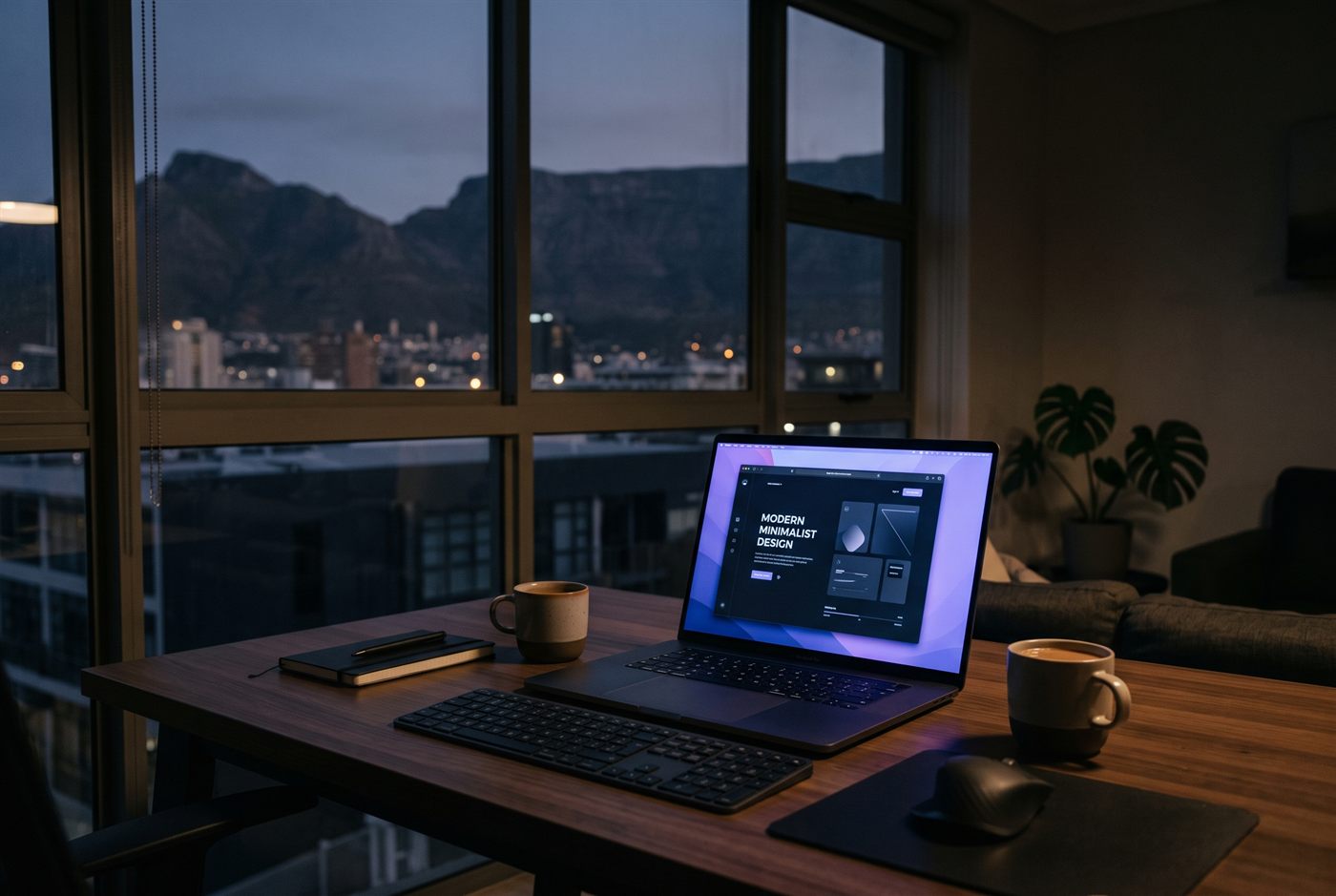 A laptop showing a dark-mode pest control website design at dusk
